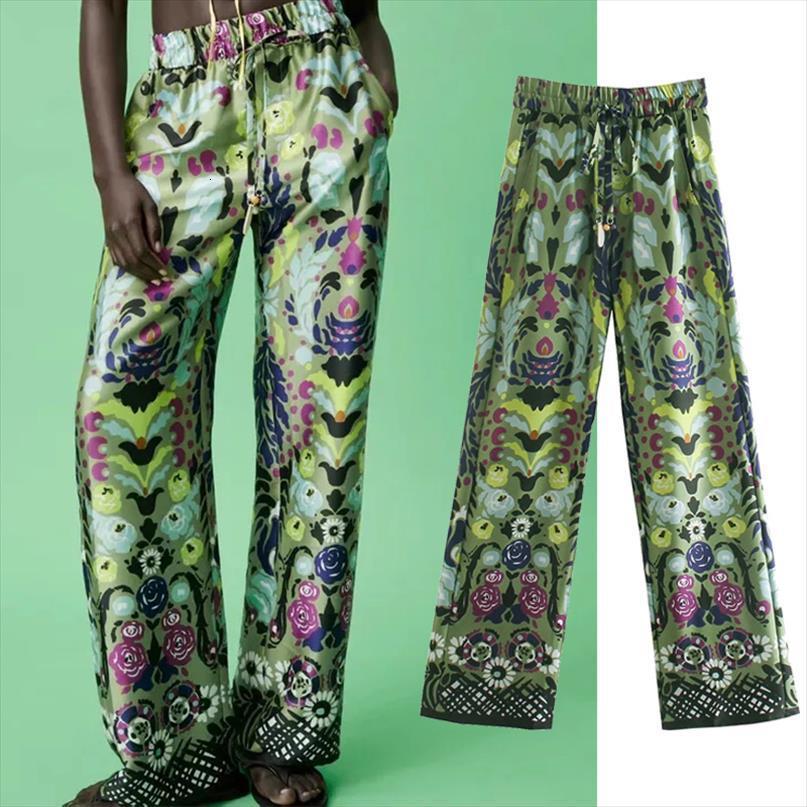 

za floral print high waist womens capri summer vintage pockets straight leg trousers female, Black;white