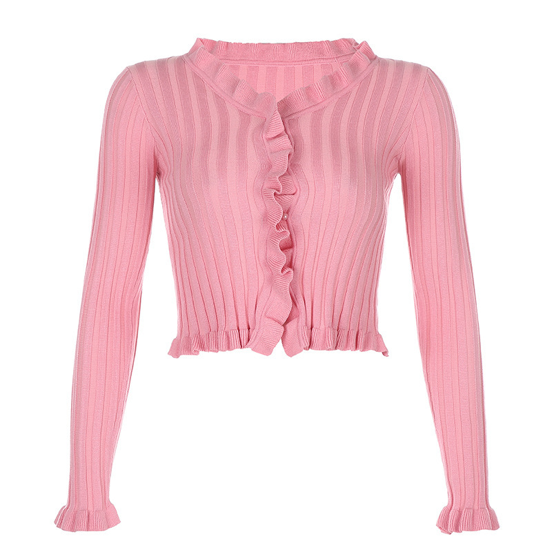

Paris Girl Sexy V-neck Pink Knitted Sweater Women Autumn Ladies Solid Ruffled Long-sleeved Cardigan Tops 210524