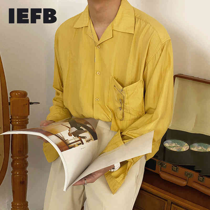 

IEFB Spring Lightweight Long Sleeve Shirt Men's Korean Trend Loose Casual White Shirts Single Pockets Tops 9Y6928 210524, Yellow