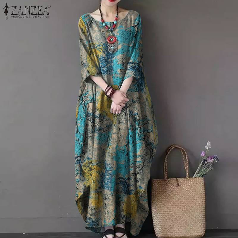 

Vintage Women Sundress ZANZEA Casual Long Sleeve Printed Maxi Long Dress Kaftan Female Baggy Floral Vestidos Plus Size Dresses, A navy