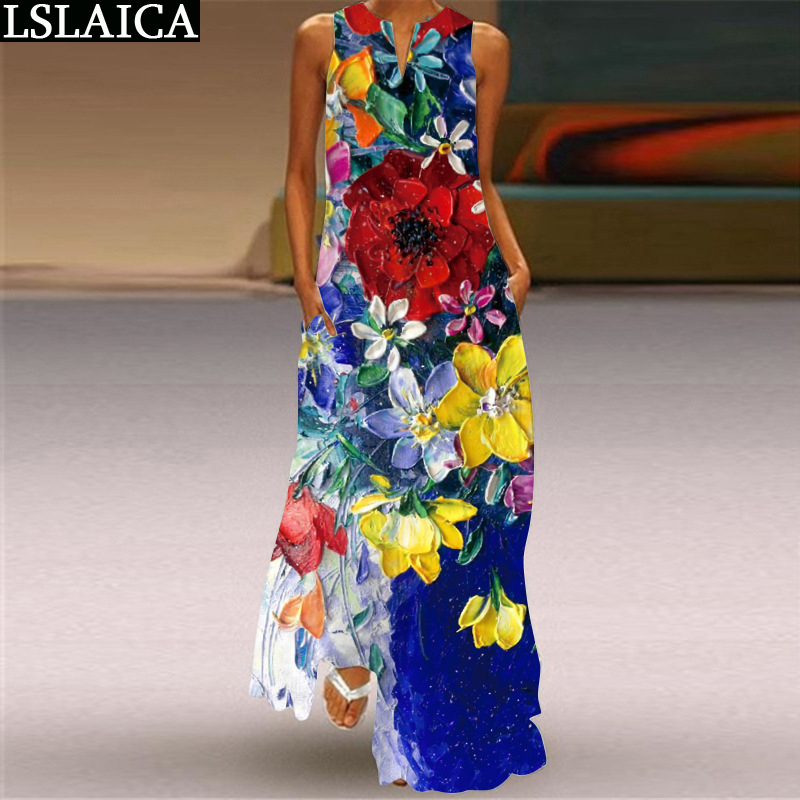 

Woman Dress Sleeveless Print Casual Elegant Vintage Fashion A Line Plus Size Summer Streetwear Holiday Long es Ladies 210520, Black