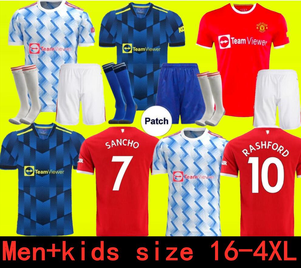 

Fans Player 21 22 SANCHO Manchester soccer jerseys UNITED Fans Player version BRUNO FERNANDES Lingard UTD RASHFORD football shirt top 2021 2022 men + kids kit sets, Blue