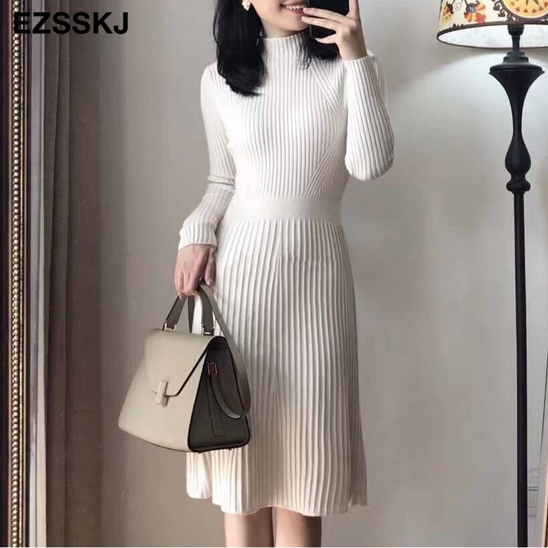 

elegant OL turtleneck slim long Sweater dress women Thick knit Autumn Winter dress female Slim A-line basic dress casual, Beige