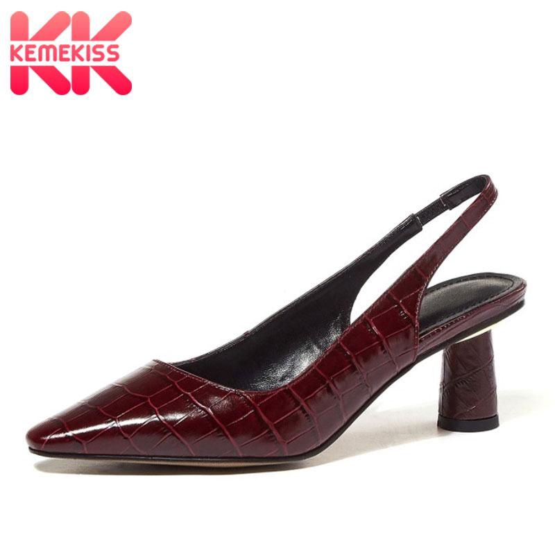 

KemeKiss Women Sandals Real Leather Shoes Vintage Pattern Party Pointed Toe Casual Outdoor Female Footwear Size 34-43, Black