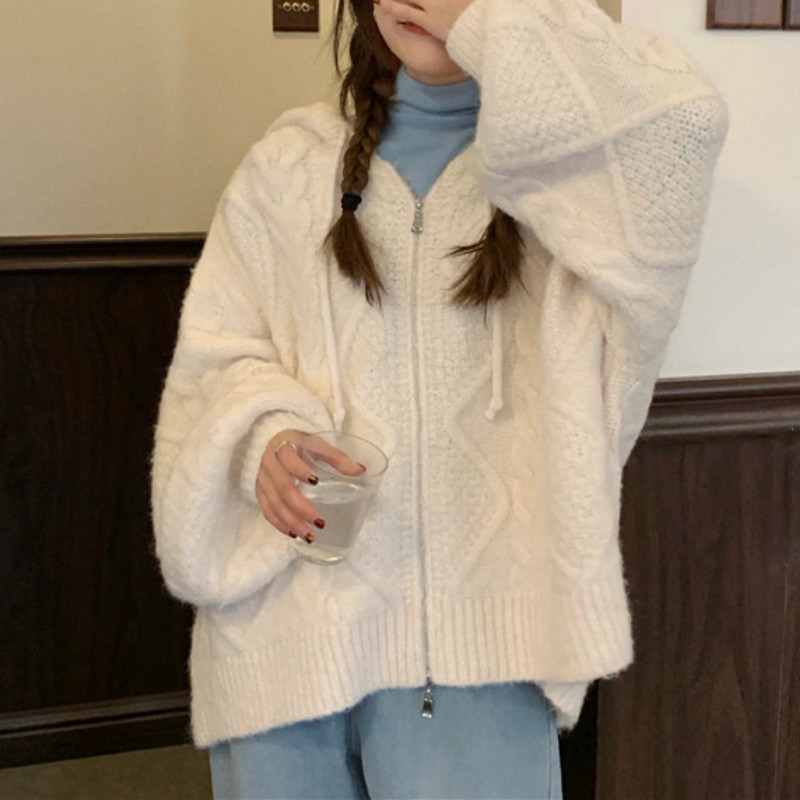

women's knits & tees women winter chic sweater coat oversize cardigan jacket autumn twist casual long lantern sleeve hooded knitte, White