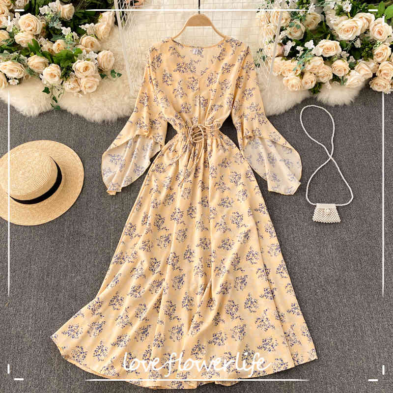 

Spring Korean Vacation Print Long Dress Women Boho Floral Dress Design Irregular Long Sleeve V Neck Belt A-line Dress 210521, Black-brown