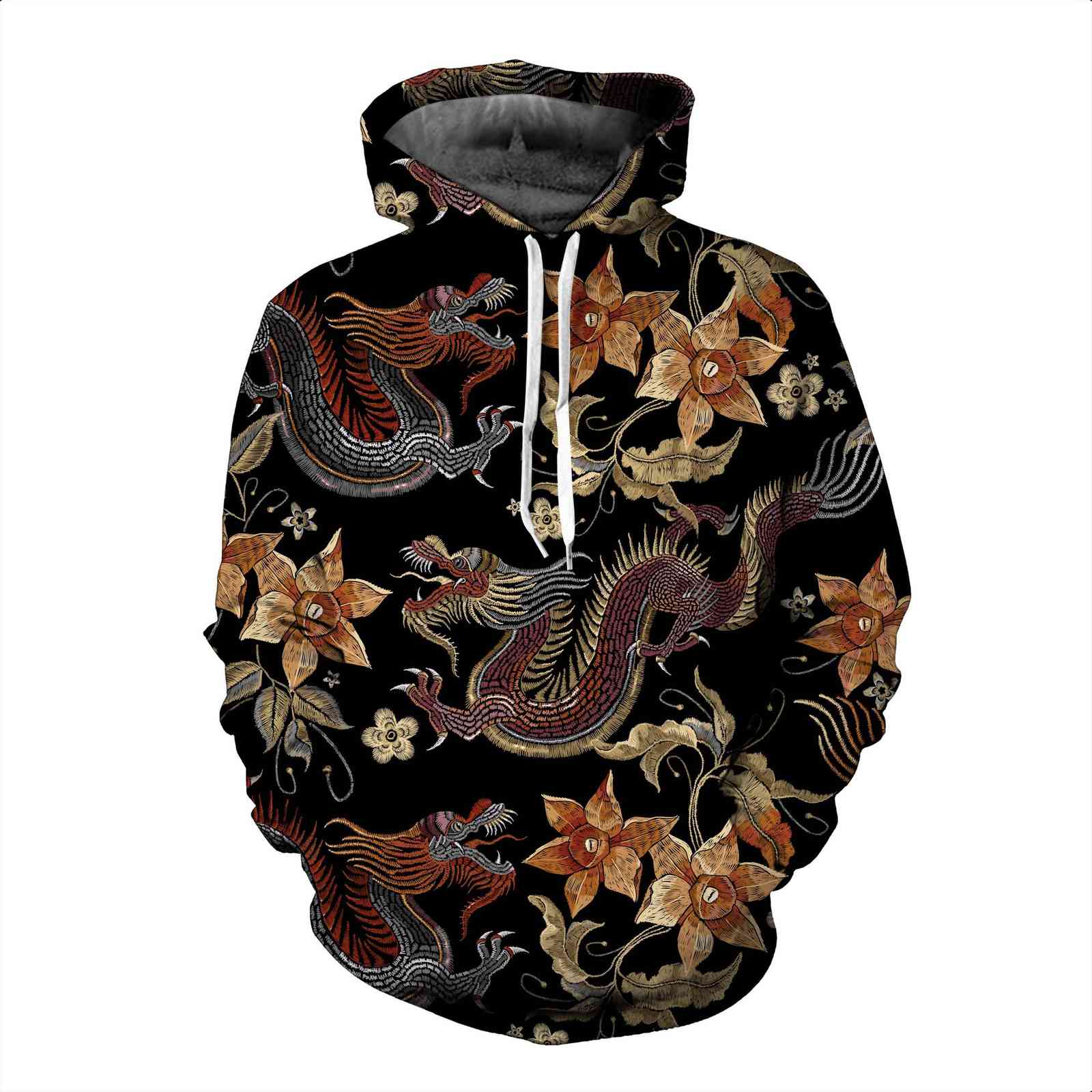 

Hoodies Chinese High Quality Mens Leisure style fashion autumn and winter creative Tenglong flower 3D printed sweater large long sleeve fat man Hooded Sweater