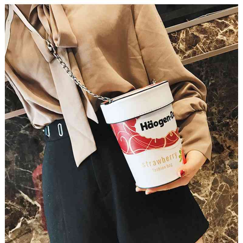 

PU leather small chain clutch cross fake ice cream cup shape women's Mini Hand girl's one shoulder bag, Red