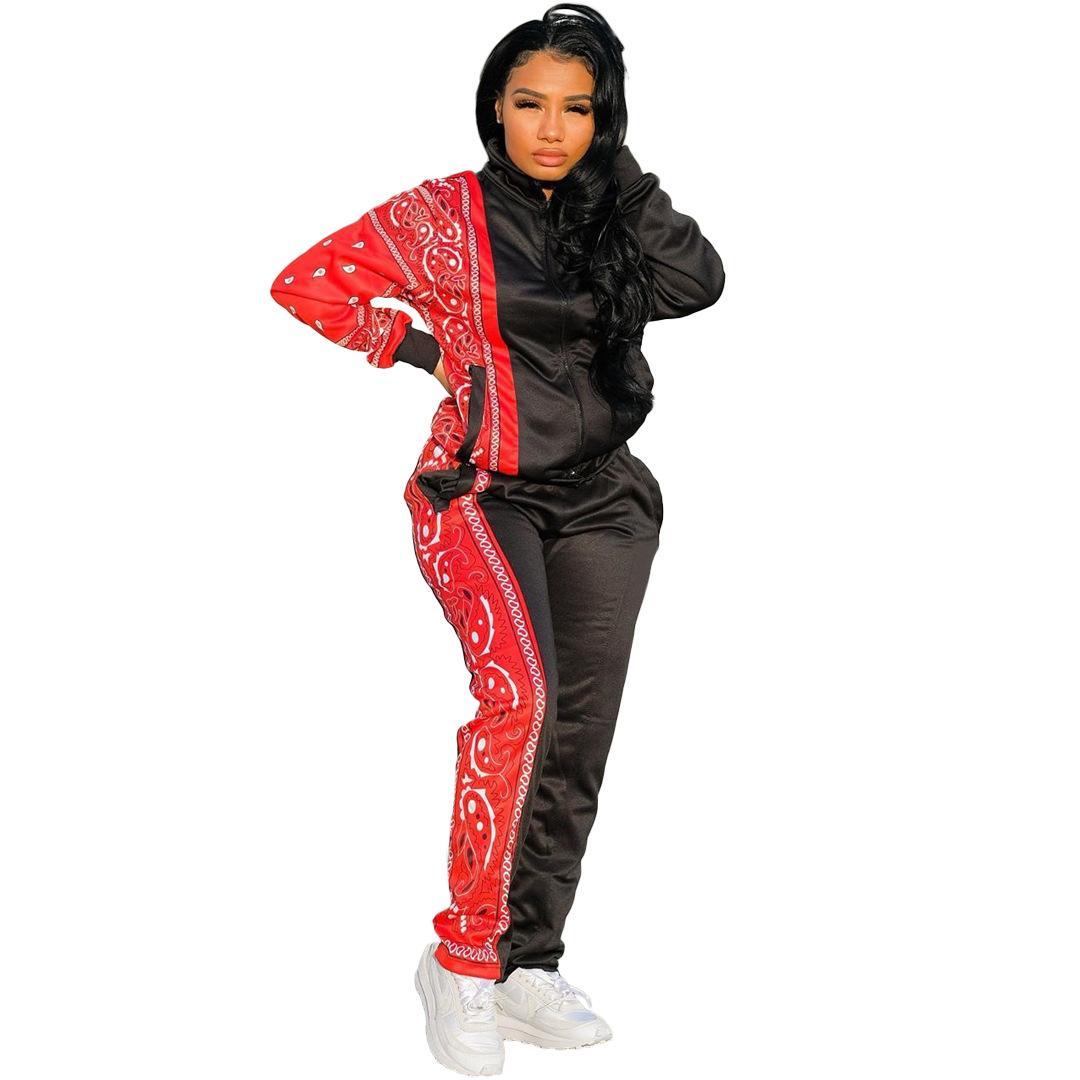 

Tracksuits Women Streetwear Two Piece Sets Casual Bandanna Patchwork Long Sleeve Zip Jacket Tops Sweatpant Suit Active Tracksuit Fitness Size 2XL, Red