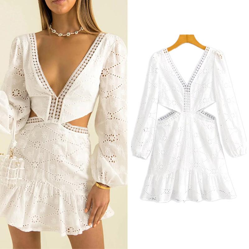 

Casual Dresses Vintage Embroidery Lace Cut Out Mini Ruffles Dress Party Lantern Sleeve V Neck Bodycon Women Outfits Holiday Streetwear