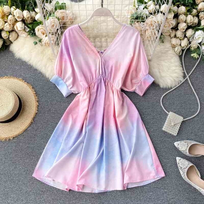 

European and American scheming hollow open back dress summer fashion tie-dye gradient color holiday skirt 210525, Pink