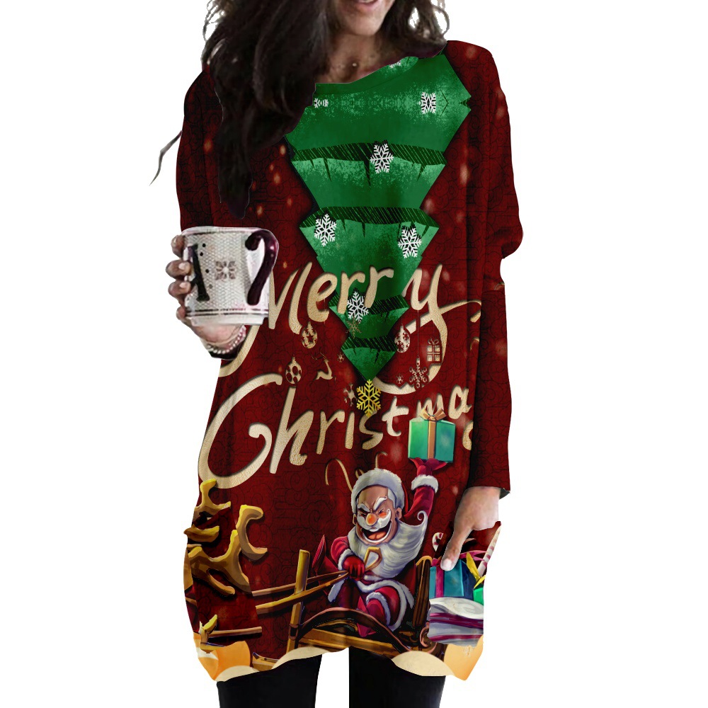 

Spring and Autumn Santa Claus Pattern Long Pocket T-shirt Female Elements Round Neck Loose Comfortable Homewear, Black;gray