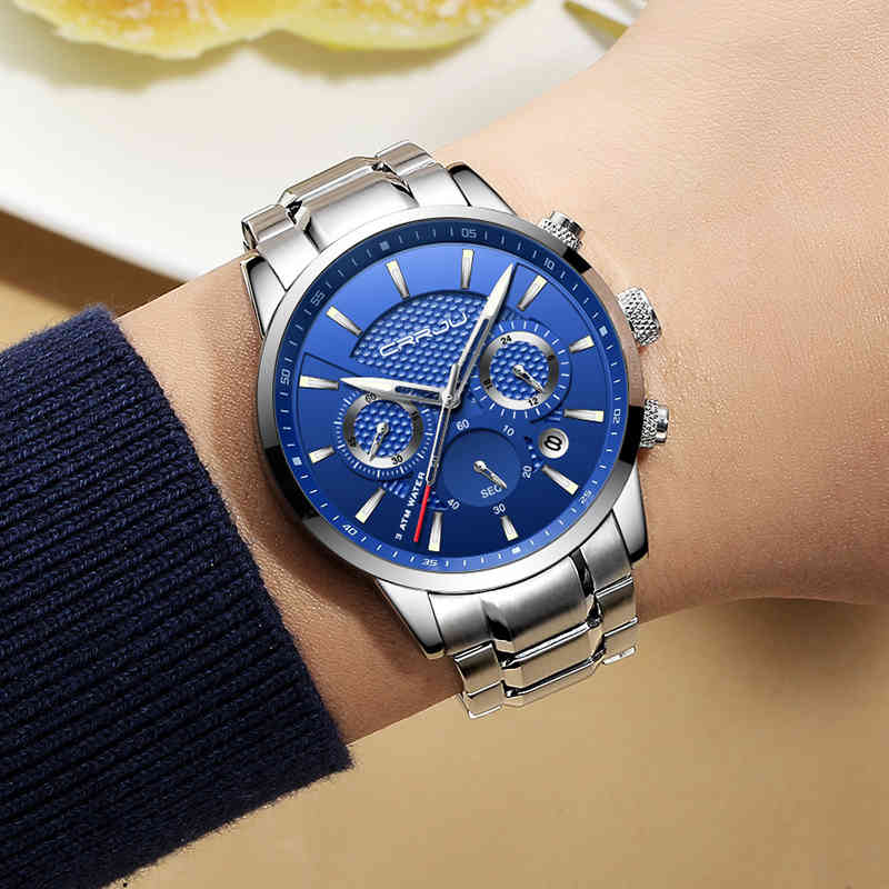 

CRRJU Brand Men's Watches Luxury Military Sport Casual Wristwatch Fashion Chronograph Steel Waterproof Watch relogio masculino 210517, Silver blue