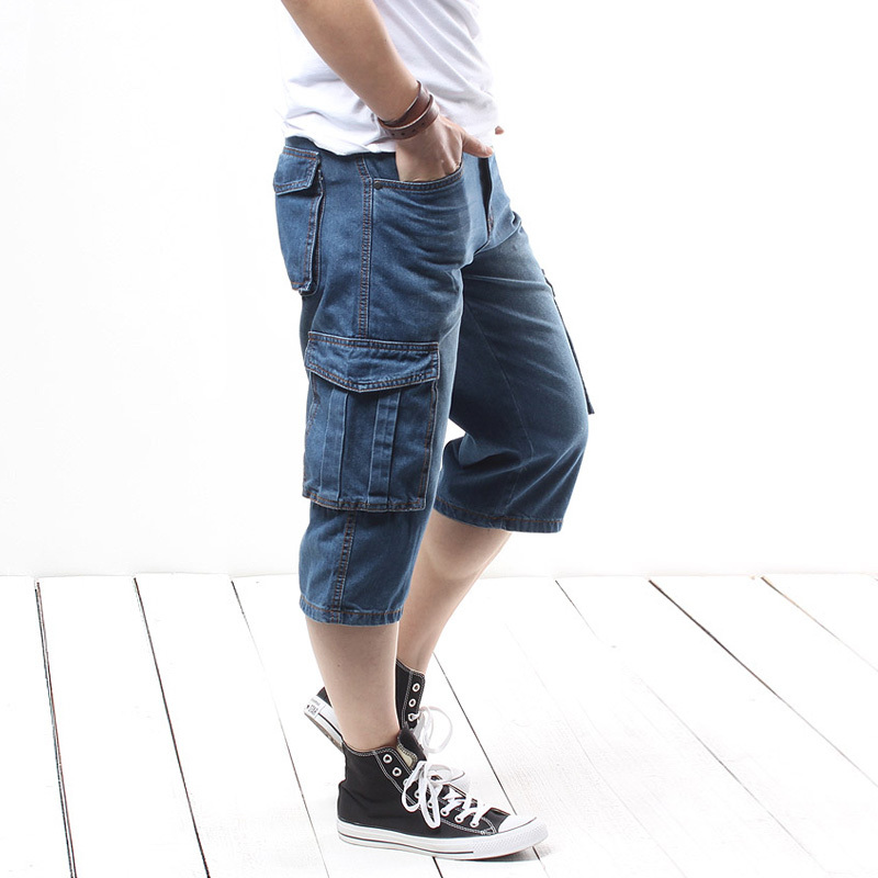 

Summer Denim Jean Men Shorts Casual Solid Loose Shorts Cargo Knee Length Short Multi Pocket Bermuda Male Long Big Tall Size 210518, Blue