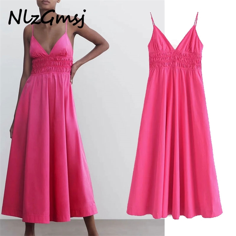 

Women Fashion Summer Dress Sling Midi Spaghetti Strap Vestido Chic Pleats es 05 210628, As picture