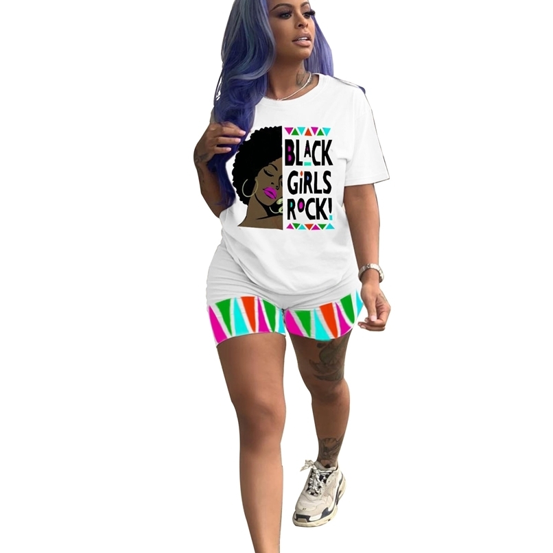 

Match Cartoon Casual Workout Active Wear Women Two Piece Sets Short Sleeve Letter Print The 90s T Shirts + Biker Shorts 210525, White