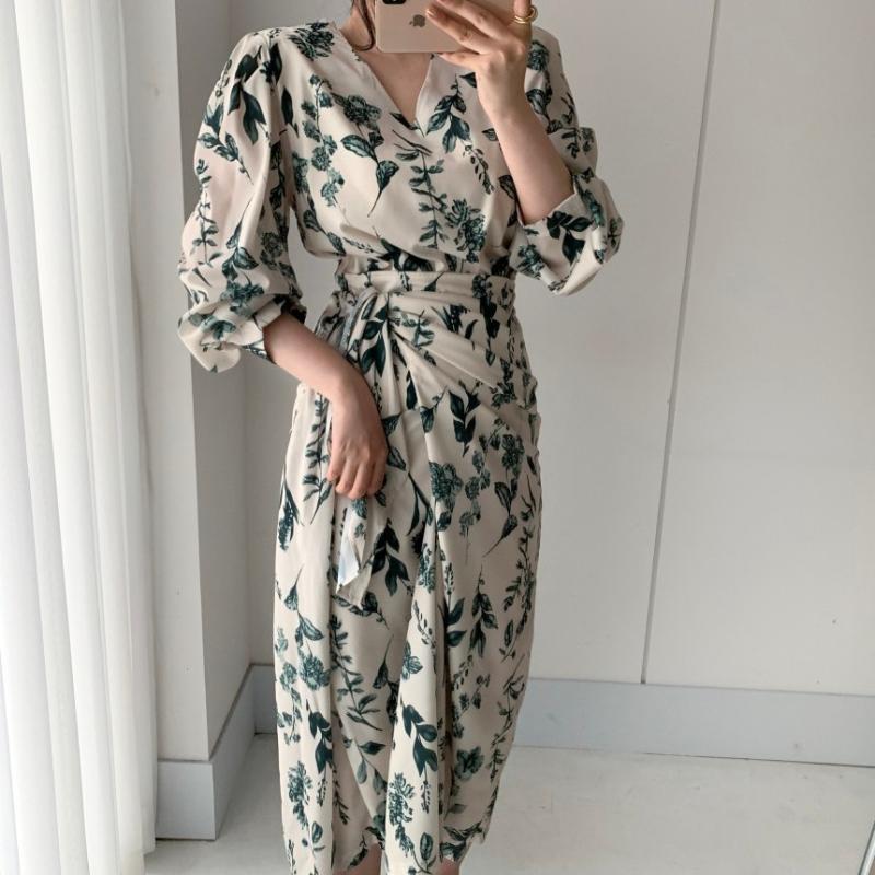 

Casual Dresses 2021Chic Korean Elegant Retro Slim Lace Up Waist Puff Long Sleeve Irregular Floral Dress Women Mid Print Vestido Feminino Spr, Green