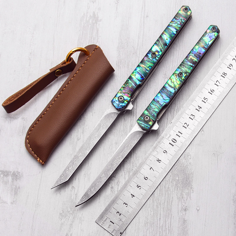 

mini abalone handle folding knife with leather case