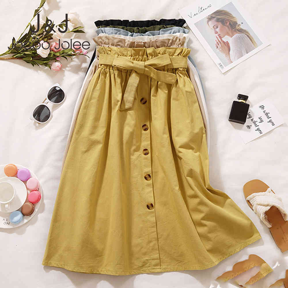 

Jocoo Jolee Korean Style Skirts for Women Elegant High Waist Single-Breasted Tie Up Bow Pleated Pockets Midi Skirts Office Lady 210518, Yellow