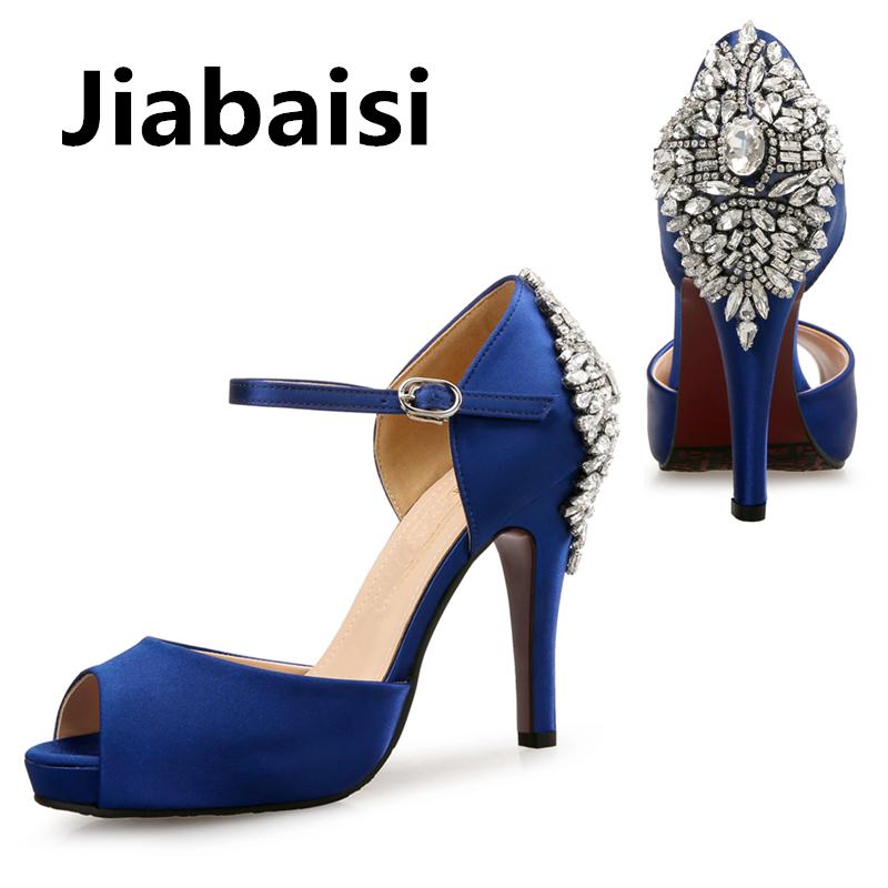 

Jiabaisi Shoes Women Luxury Diamonds Sandals Peep Toe Satin Platform Heels Fashion Wedding Party Large Size Woman Sandal, Black