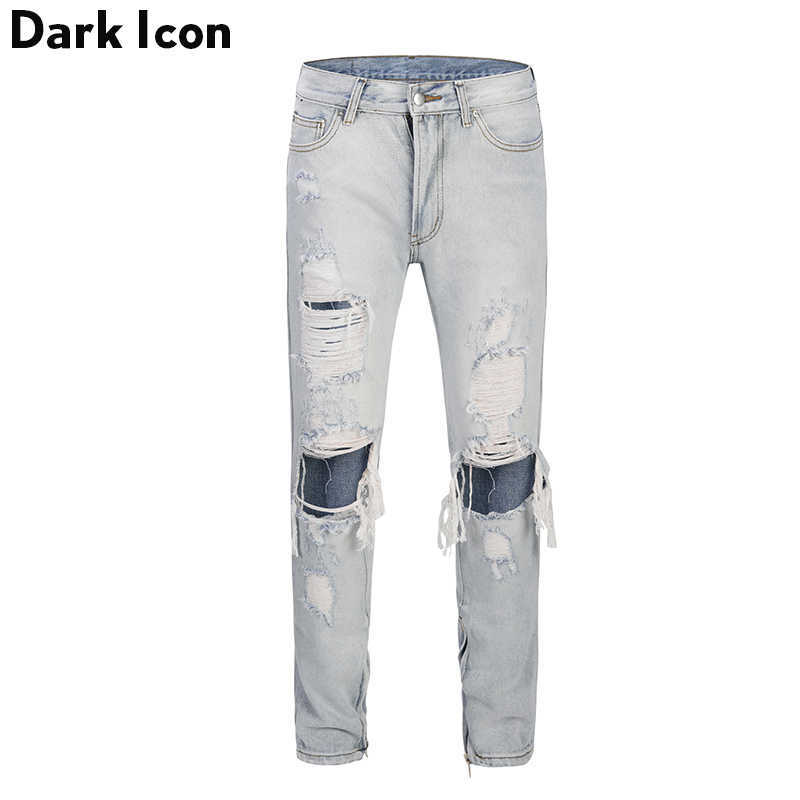 

Stoashed Ripped Ankle Zipper Denim Pants High Street Light Blue Jeans Men Regular Style Men's Pants 210603