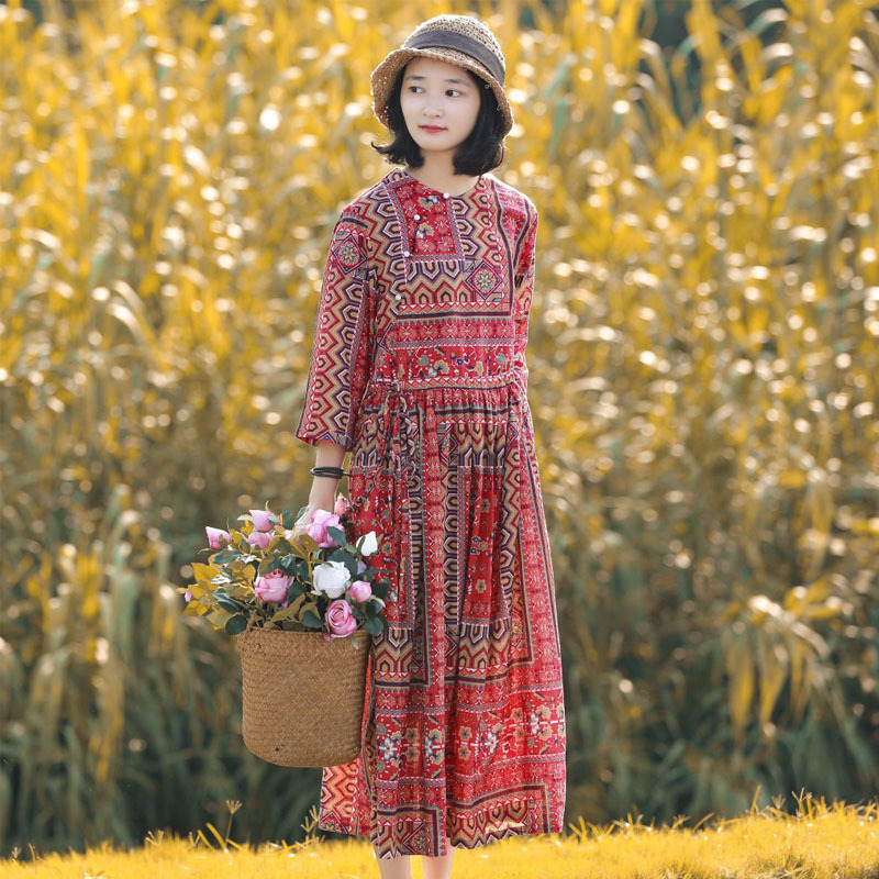 

Johnature Spring Leisure Retro O-neck Button Fashion Floral Print Dresses Comfortable Three Quarter Sleeve Women Dress 210521, Red