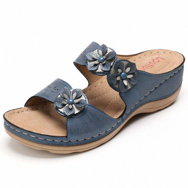 

Summer Casual Slip On Slippers New Ladies Flower Decoration Retro Platform Slippers Women 2020 Comfort High Wedges Shoes Woman 53tR#, Navy blue
