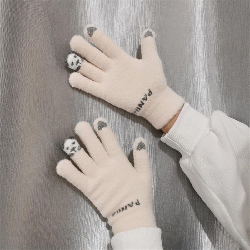 

Five Fingers Gloves Patchwork Love Female Warmth Cute Solid Color Plush Japanese Letter Colorful Outdoor Riding Fashion Ins High Quality, Blue;gray