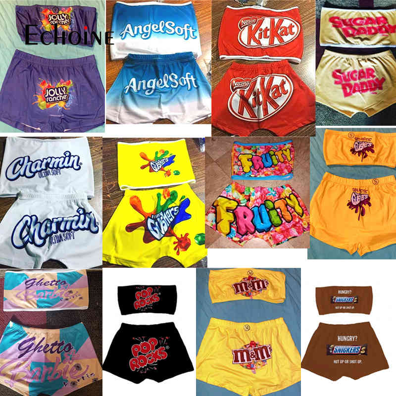 

Echoine Women Sexy 2 Two Piece Set Candy Printed Tube Crop Top Biker Shorts Bodycon Suits Tracksuit Set Fitness Clothing Outfits X0428, Orange red