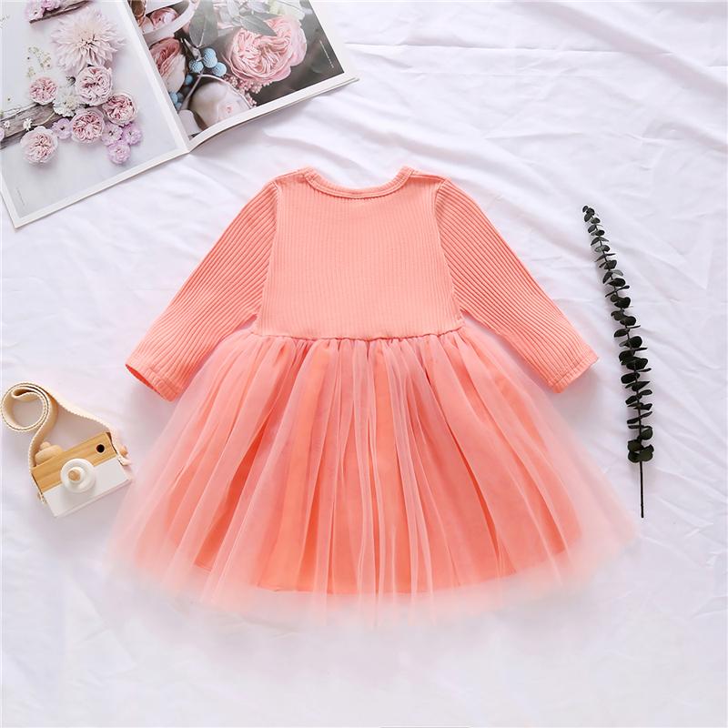 

Girl's Dresses 2021 Infant Mesh Patchwork Dress Baby Casual Style Long Sleeve Round Neck Ribbed One-piece, Apricot