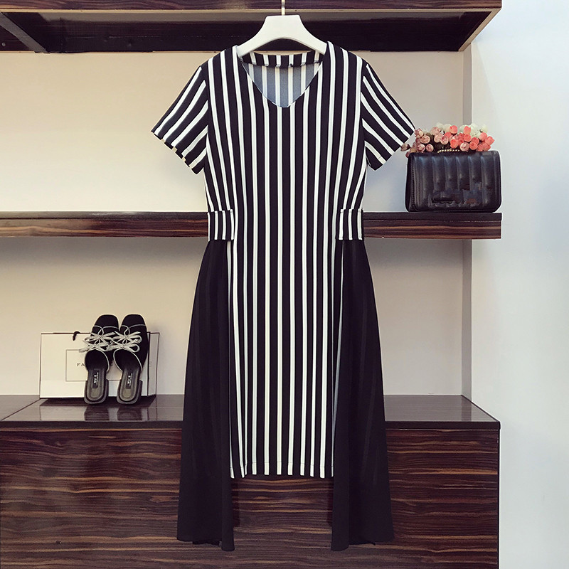 

Summer Striped Chiffon Dress Women Plus Size Women's Clothing V-neck Short-sleeved Patchwork Loose 210525, Black