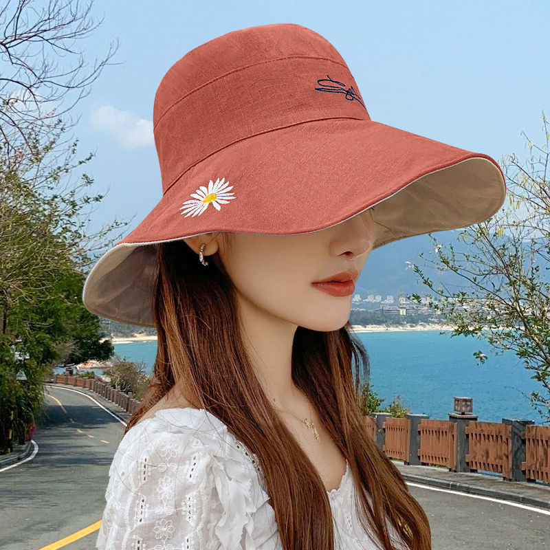

Double face Daisy fisherman hats female summer sun system face cover Korean version of tide, sunshade big eaves sun protection hats, Pink