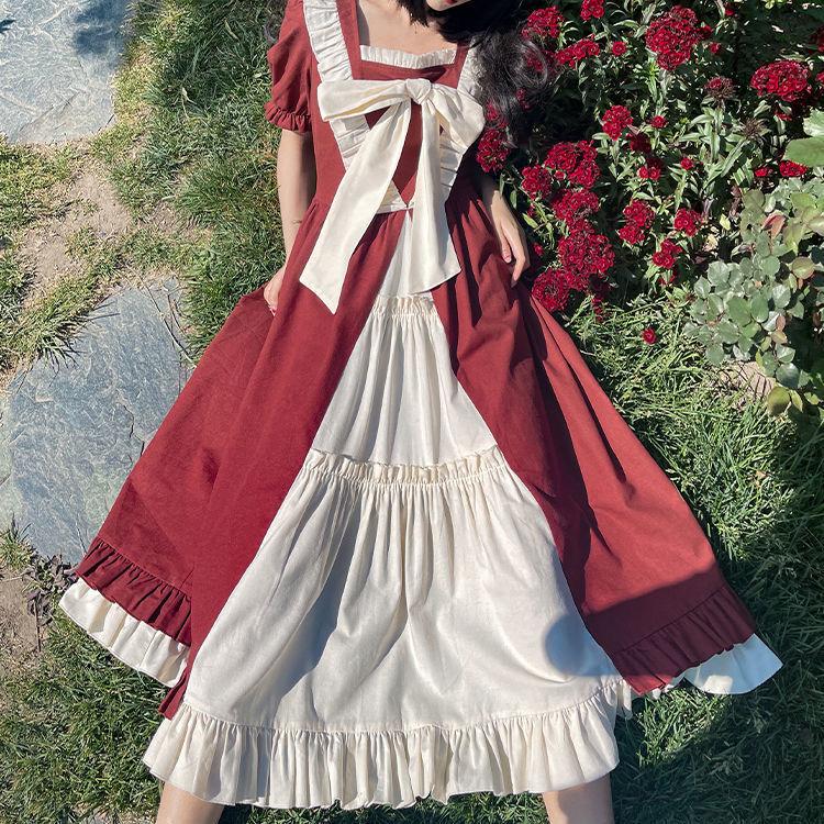 

Casual Dresses 2021 Sweet Harajuku Lolita Slim Waist Dress For Women Japanese Cute Girl Bow Ruffles Flowers Princess Tea Party, Maroon