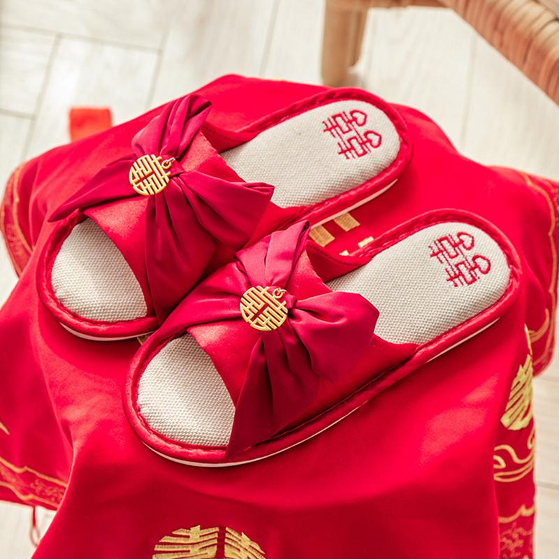 

Slippers Chinese Wedding Embroider Couples Bow Women Bedroom Mute Non-slip Shoes Home Red Lucky Ladies Slides, Shuangxi