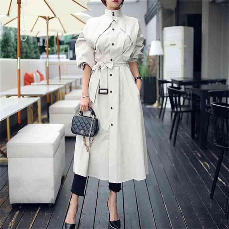 

Spring Windbreaker Women Single-Breasted Loose A-line Trench Coat Elegant Chic Sashes Outerwear Bussiness Long 210603, Beige