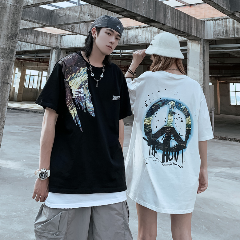 

t shirt 2021 summer fashion brand large size couple loose korean anti war printed short sleeve men's and women's top, White;black