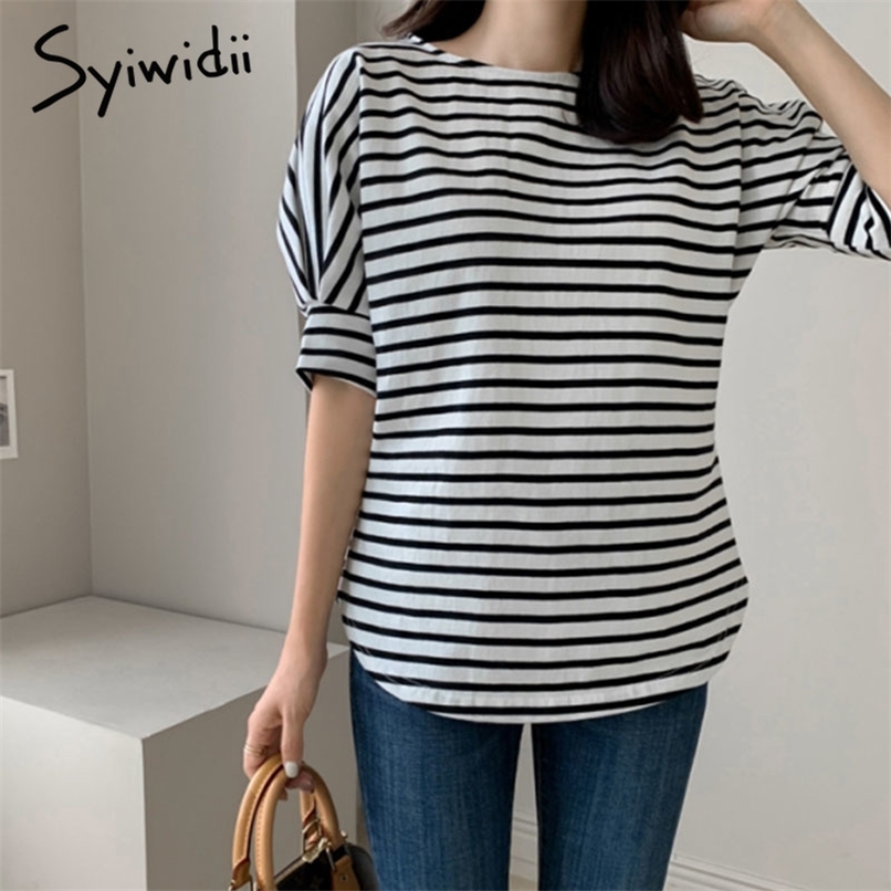 

Striped Shirts for Women Casual Cotton XXL Puff Sleeve Summer Korean Fashion Black White Tops O Neck Woman Tshirts 210607