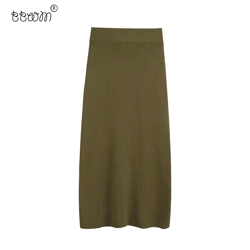 

Women Elegant Fashion Knitted Midi Pencil Skirt Vintage High Elastic Waist Back Vent Skirts Faldas Mujer 210520, As picture
