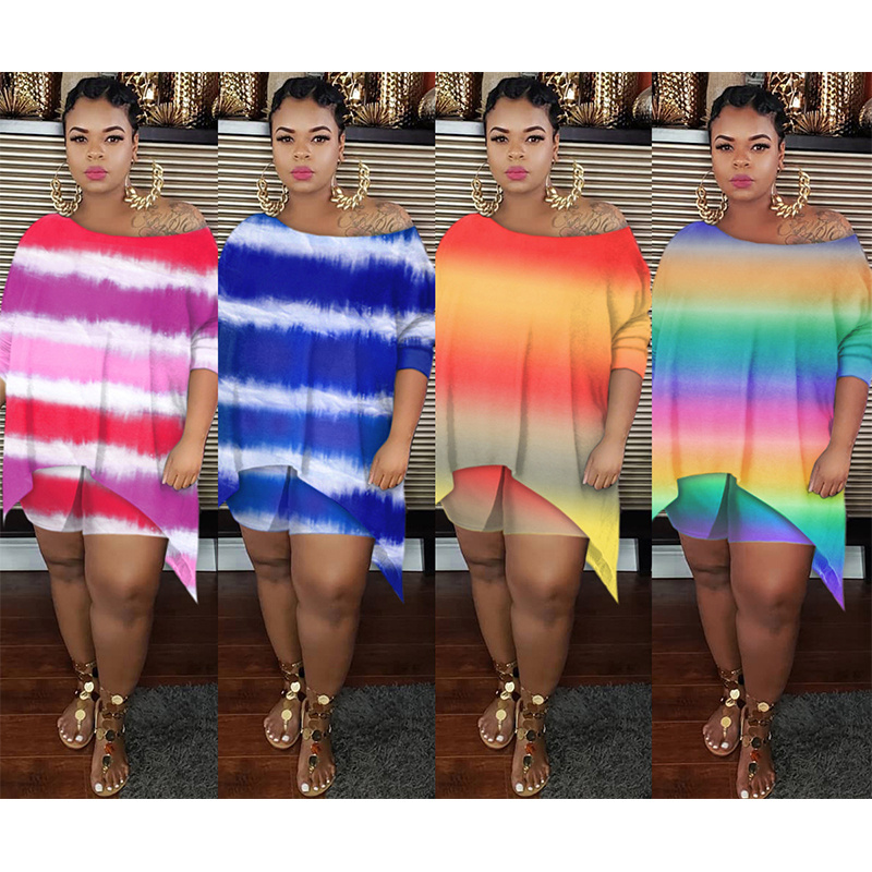 

Rainbow print stitching women's V-neck dress high quality fashion loose and comfortable commuting, Black;gray