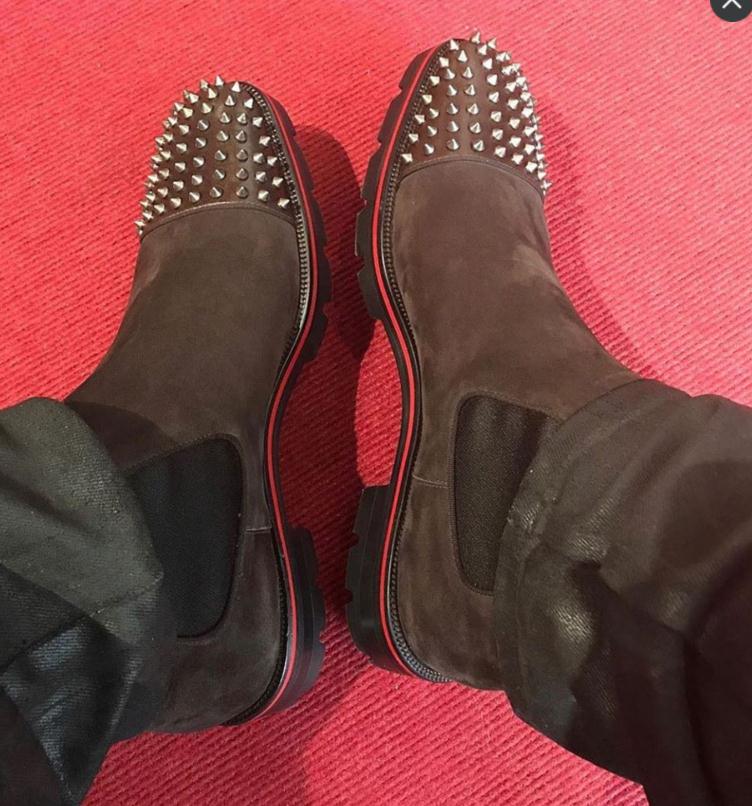 

New style red bottom sneaker men high top boot spikes suede leather red sole men shoes super perfect melon Motorcycle ankle boot for men, Black