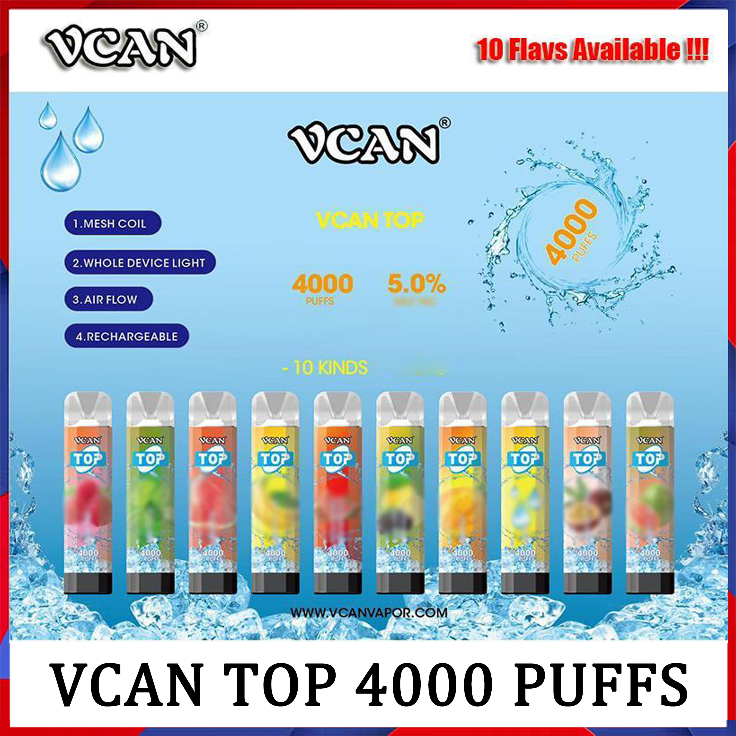

100% Authentic VCAN TOP 4000 PUFFS Disposable E Cigarette Mesh Coil Rechargerable RGB Light Adjust Air flow Square Shape Clear Body Unique 1
