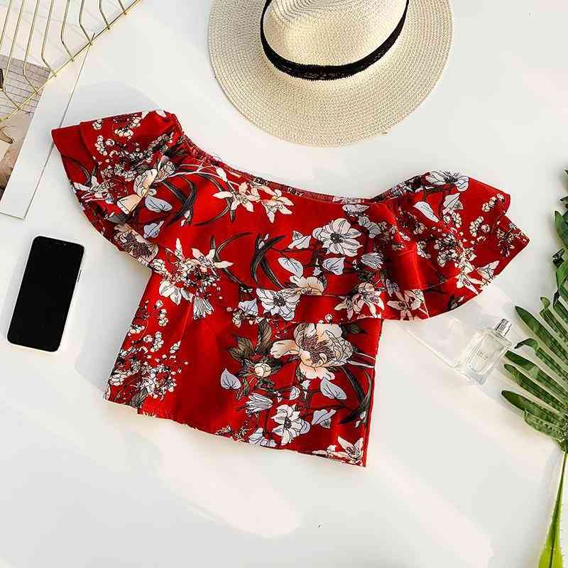 

Sexy Short Tops Summer Sleeve Vintage Floral Printed Crop Fashion Bohemia Lotus Leaf Edge Tanks 210602