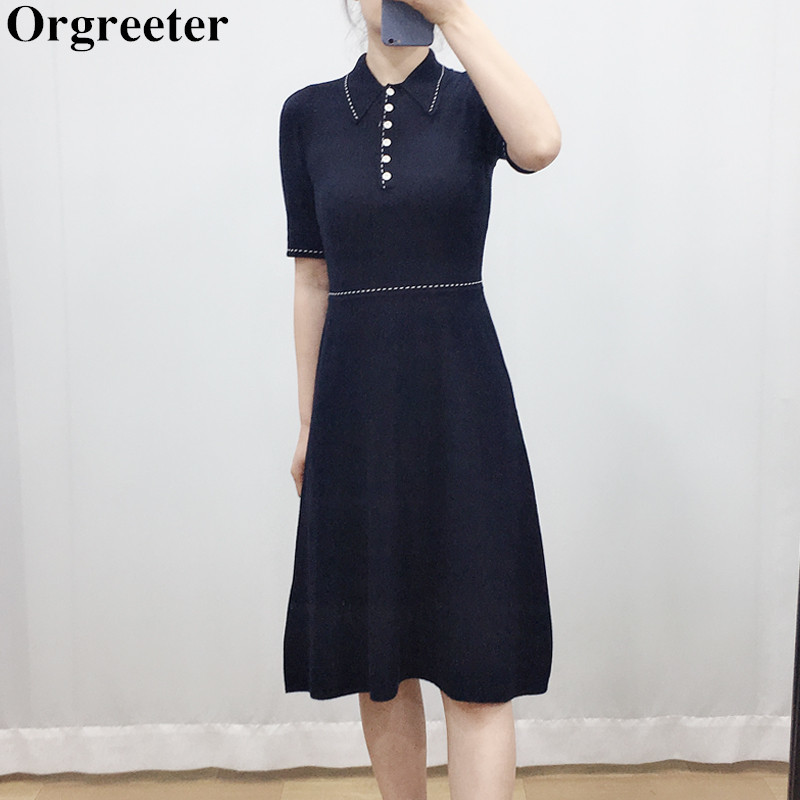 

Classic Fashion Design Black Knitted Dress Women Summer Simple Lapel Dotted line Patchwork Short Sleeve Thin Sweater 210525