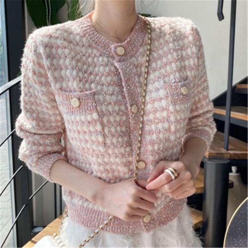 

Women's Knits & Tees 2022 Fashion Plaid Pink Sweater Cropped Cardigan Tricot Feminino Long Jumpsuits Elegant Winter Sweaters Korean Vintage, White
