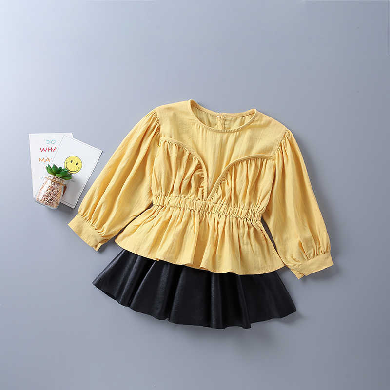 

2-7 years high quality girl clothing set autumn casual tiered ruched solid shirt +leather skirt kid children clot 210615, Gold