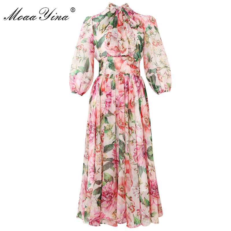 

Fashion Designer dress Spring Summer Women Dress Bow collar Rose Floral-Print Elegant Vacation Chiffon Dresses 210524, Turquoise