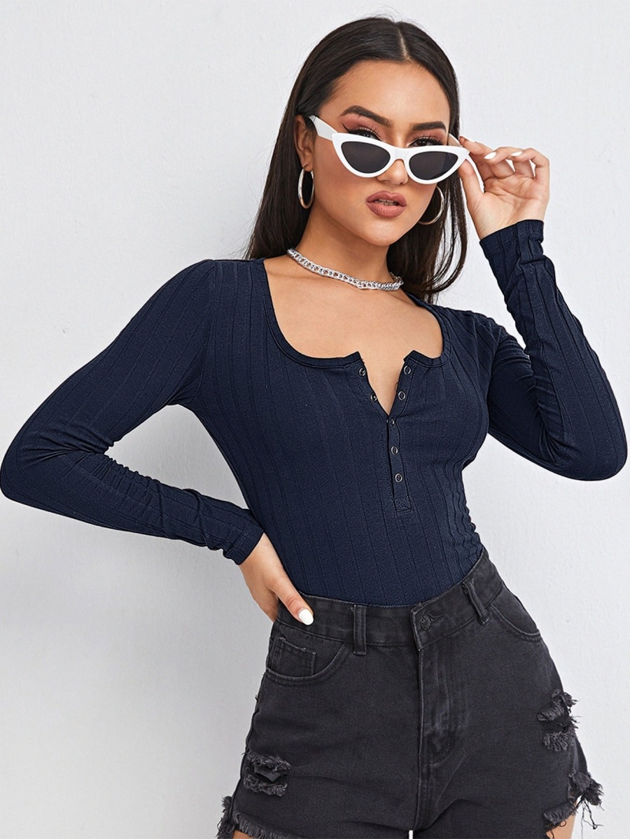 

Press Button Half Placket Rib-knit Tee H5wh#, Navy blue
