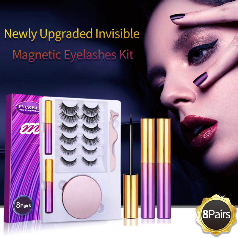 

2021 Upgrad Invisible Magnetic Mink Eyelashes with 2 tubes Magic Eyeliner Kit 3D Natural Look Reusable False lashes Mirror Tweezers Not Glue No Magnet Blocks 8 pairs