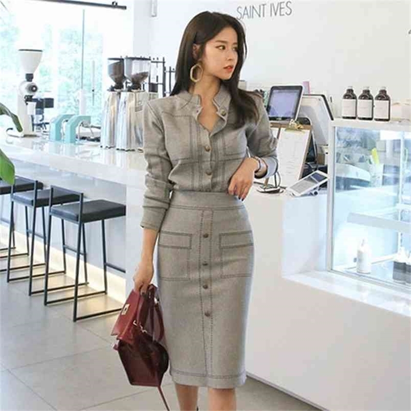 

Ladies Casual Knitted Suit Spring Fashion Women 2 Piece Set Round Neck Sweater Tops Sheath Split Dress Knit 2 210603, Picture color