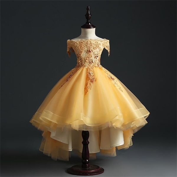 

Girl's Flower Girls Trailing Kids Ball Gown Floral Embroidery Wedding Dresses Princess Gold Birthday Children Runway Dress 0922